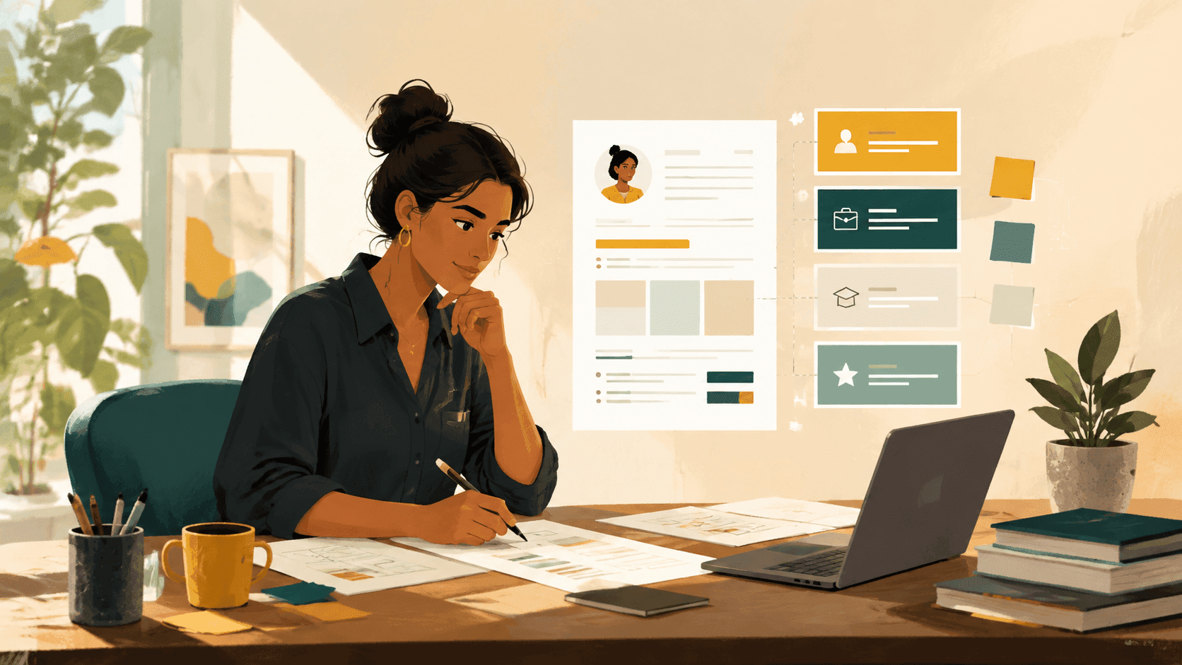 A job seeker organising the sections of her CV at a desk
