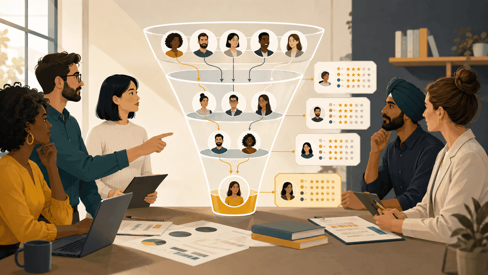 A diverse hiring team using a transparent structured process to shortlist candidates