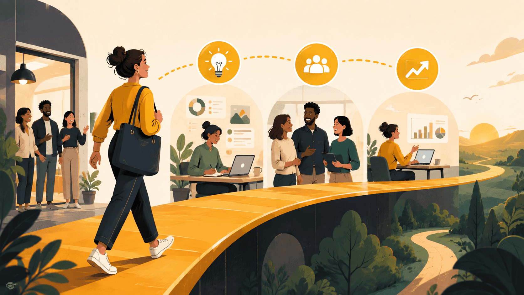 A new employee moving through milestones for learning, relationships, and early contribution