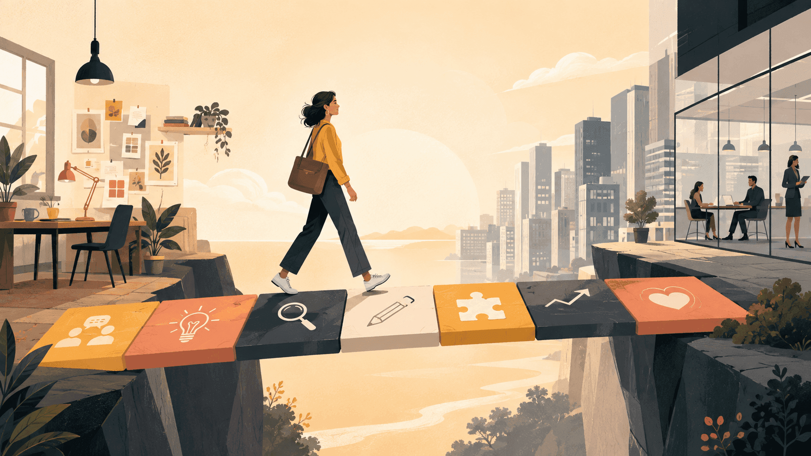 A professional crossing into a new career using transferable skills as stepping stones